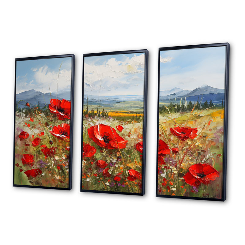 «Red Poppies Field In Mountain I», ensemble d'art sur toile coquelicots, Cadre flottant noir, H 32 po x l 48 po x P 1 po