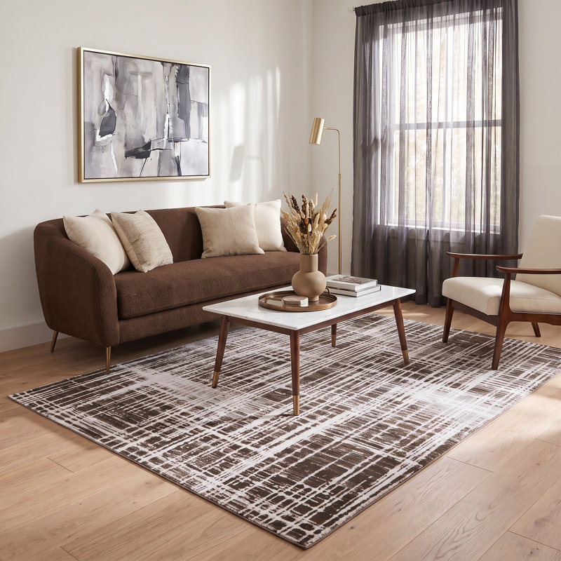 Figueroa Collection Abstract Grid Design Neutral Area Rug, Rectangle 7 pi 8 po x 10 pi 9 po