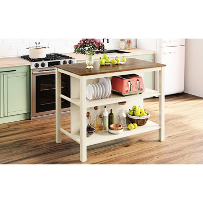 Solid Wood Butcher Block Dining Island - 45" Walnut And Cream White 2 Open Shelves For Compact Kitchens Kitchen Top Frame Rustic Style Homes