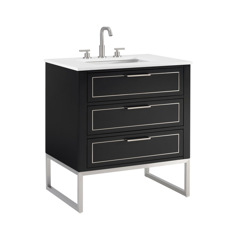Markham 30'' W Single Vanity, Universal Calacatta Quartz, Brushed Nickel, Walnut