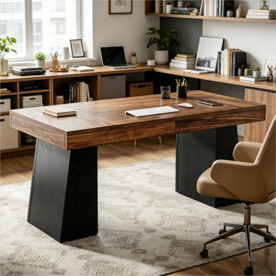 Rectangular Solid Wood Writing Desk with Double Trapezoid Base for Home Office, Brown Finish, Full Assembly