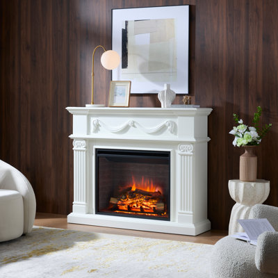 Foyer électrique encastrable 30 po avec cadre 52 po Puraflame, blanc crème avec sculpture exquise, 750 W / 1 500 W, flamme réglable, bruit de craquement du feu, télécommande