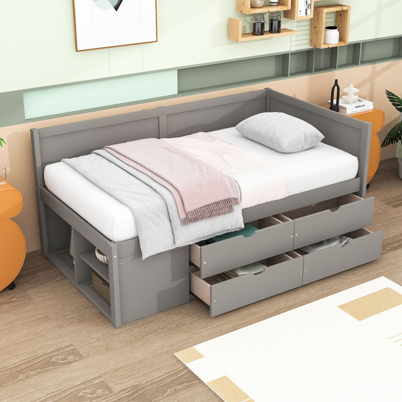 Daybed with Pull-Out Drawers and Shelves, Gray, Twin
