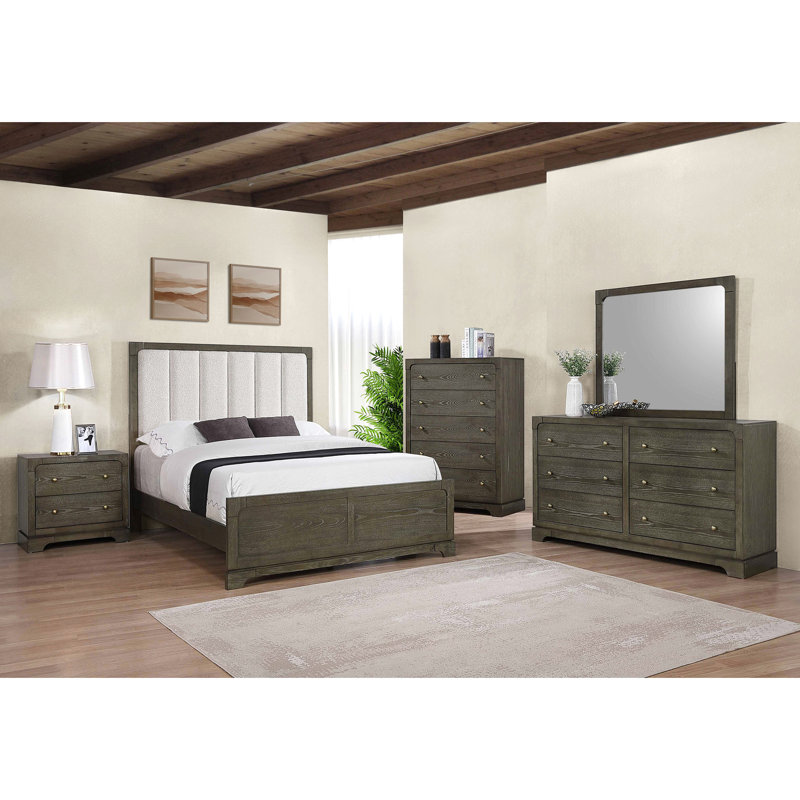 Dark Queen Panel Bed With Vertical Tufting On Beige Boucle Upholstered Headboard, Crafted From Rubberwood And Engineered Wood For Bedroom Elegant Touch In 59 - Inch Tall Headboard Covered Boucle,