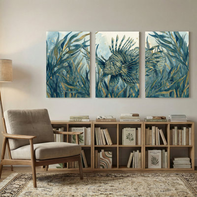 Animaux, poisson lion parmi les algues et les récifs coralliens, ensemble de 3 impressions sur toile