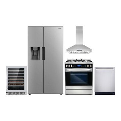 Cosmo 5 Piece Kitchen Appliance Package with Side By Side Refrigerator 29.8'' Dual Fuel Freestanding Dual Fuel Built-In Island Range Hood