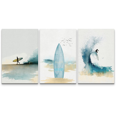 «Coastal Beach Sun Sand Surf», planche de surf bleu clair et océan encadré nautique, impression sur toile 3 pièces