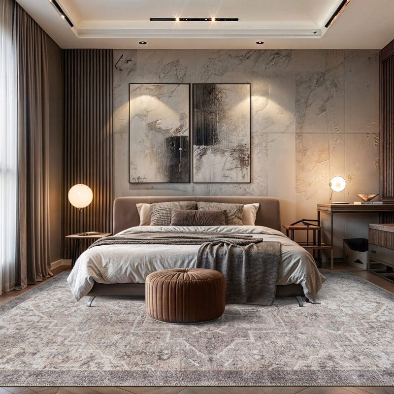 Tapis beige d'inspiration persane Savina avec envers antidérapant lavable, Rectangle 9 pi x 12 pi