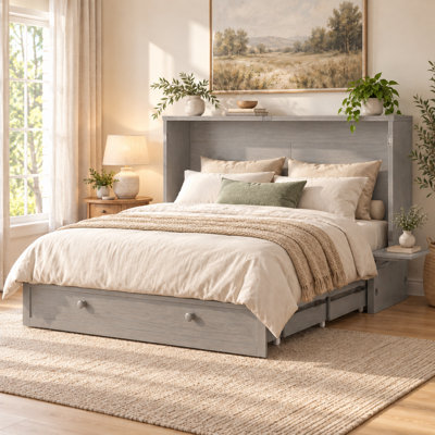 2-in-1 Solid Wood Murphy Cabinet Bed with Storage Drawers & Charging Station