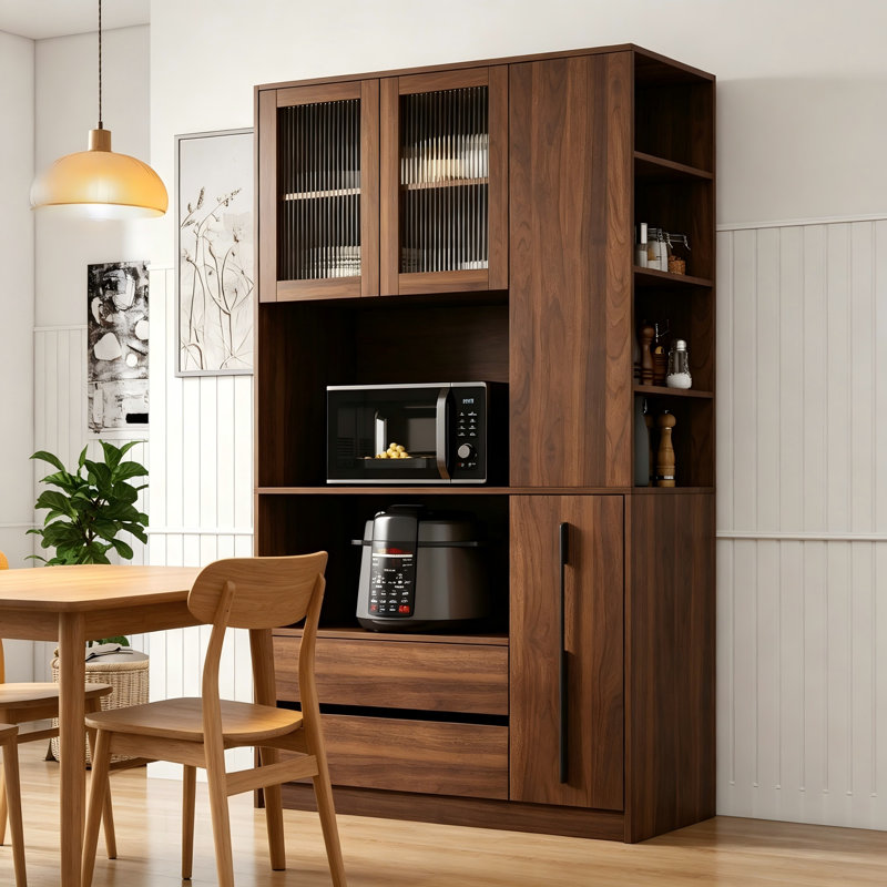 Armoire de rangement autoportante pour porte en verre avec tablettes coulissantes multicouches, tablettes latérales à quatre couches et tiroirs doubles.