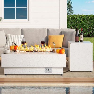 43" L Outdoor Propane Gas Fire Pit Table with Tank Table, Glass Rocks, Wind Guard and Cover, White