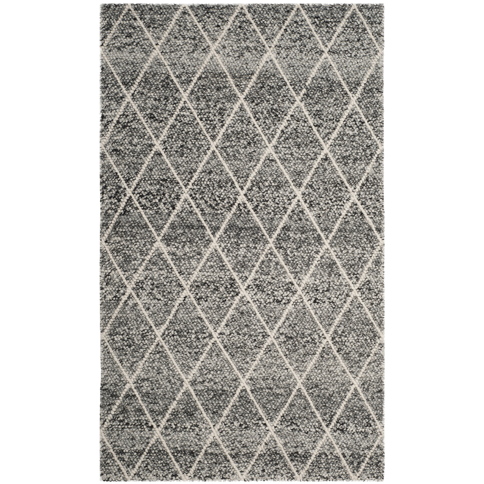 Russo Ivory Black Hand-Woven Geometric Wool Rug, Rectangle 4' x 6'
