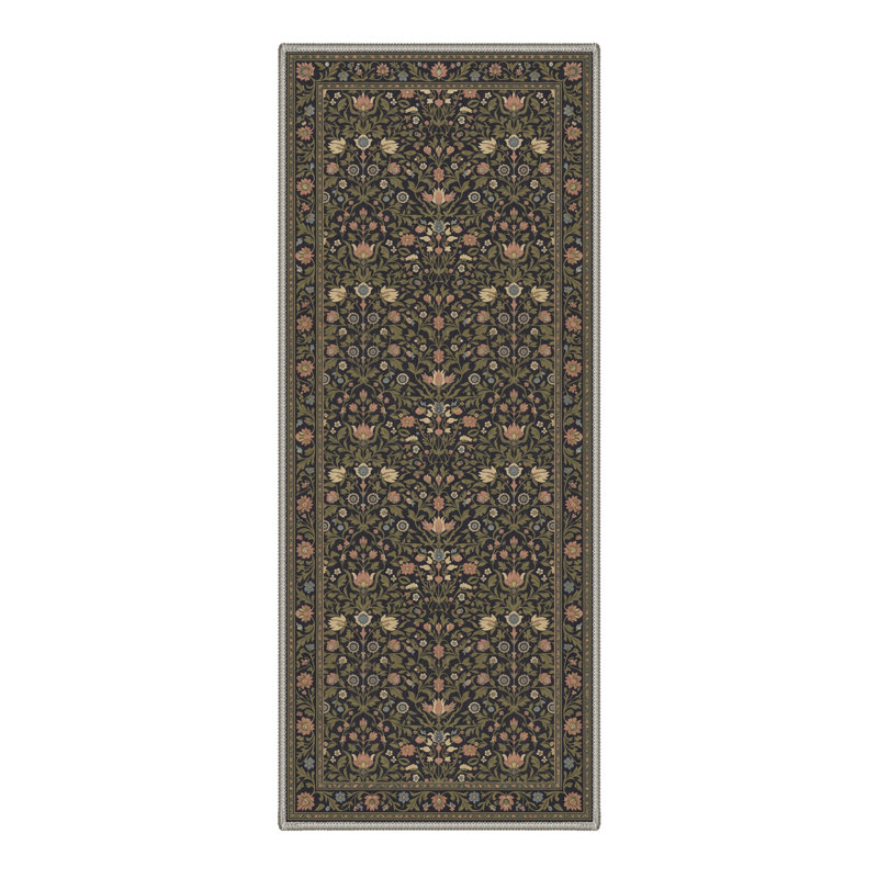 Tapis vert / noir à motif floral lavable à la machine avec envers antidérapant Ariane, Tapis de couloir 96 po x 30 po