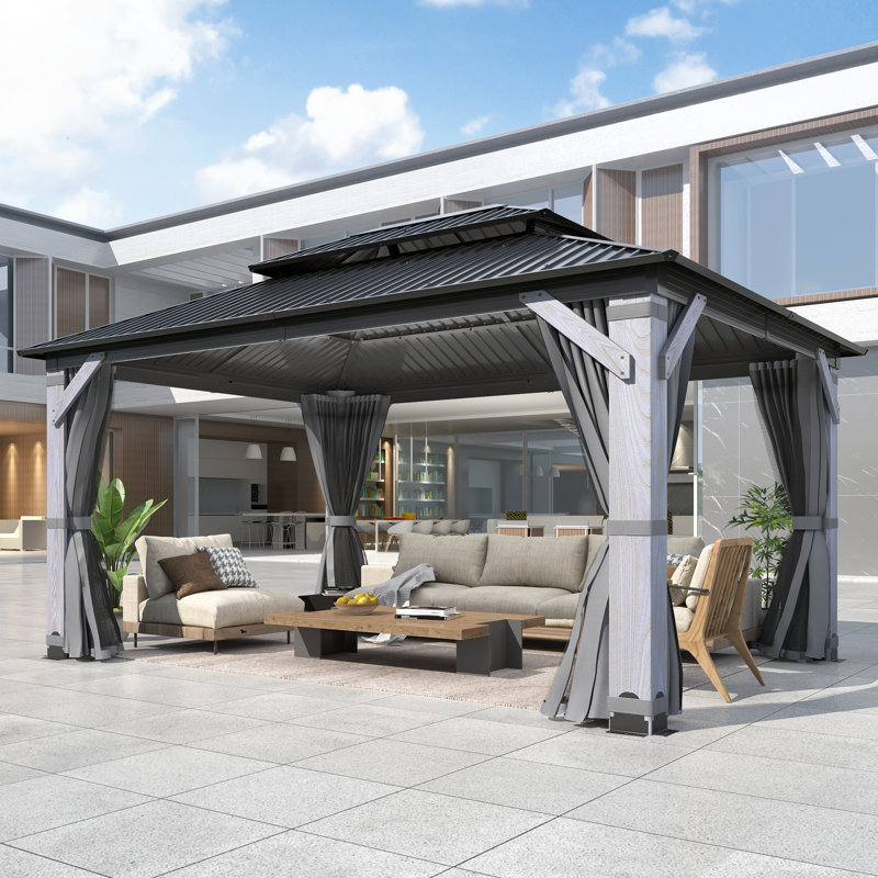 16 ft. W x 12 ft. D Outdoor Patio Wood Gazebo, Heavy-duty Galvanized Steel Hardtop Aluminum Gazebo with Netting & Curtains