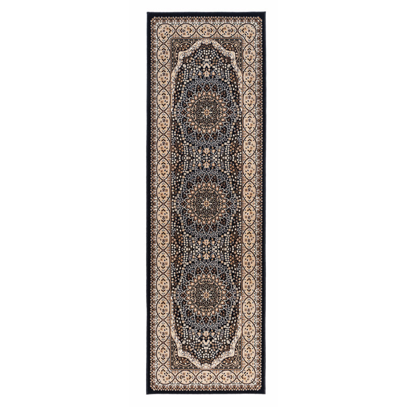 Tapis oriental noir / beige Ellowyn, Tapis de couloir 2 pi 8 po x 8 pi 1 po