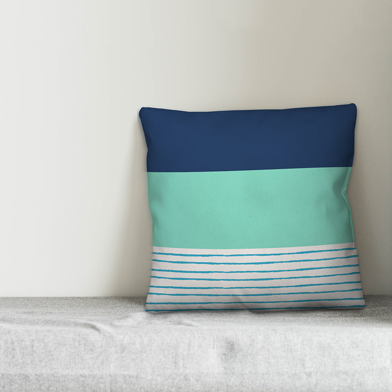  Oreiller extérieur rayé carré, Polyester / Bourre en polyester, 18 po x 18 po, Bleu marine / Aqua / Blanc