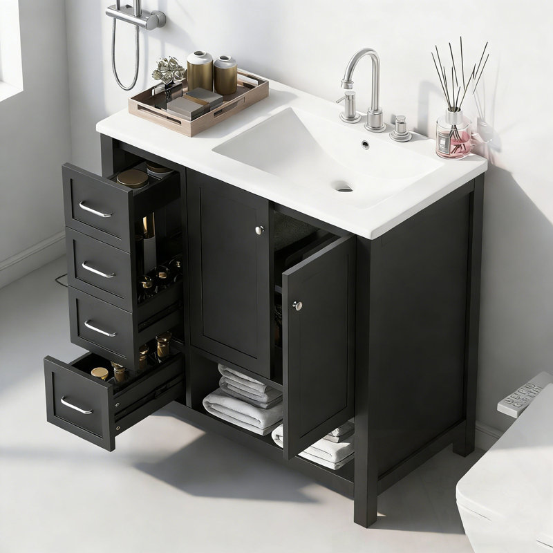 Meuble-lavabo de salle de bain avec comptoir, deux portes et deux tiroirs, Noir