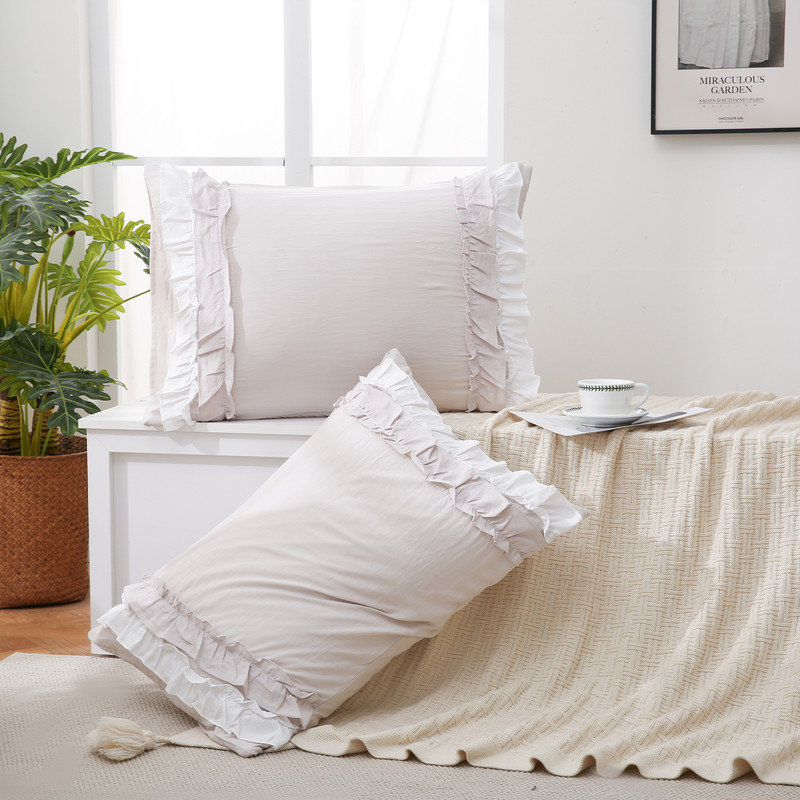 Beige and White Ruffle King Size Pillowcase Set of 2,Chic Ruffle Pillow Sham,20x36 inches Pillow Covers,French Country Vintage Ruffled Pillowcases 2 Pack, Soft Microfiber