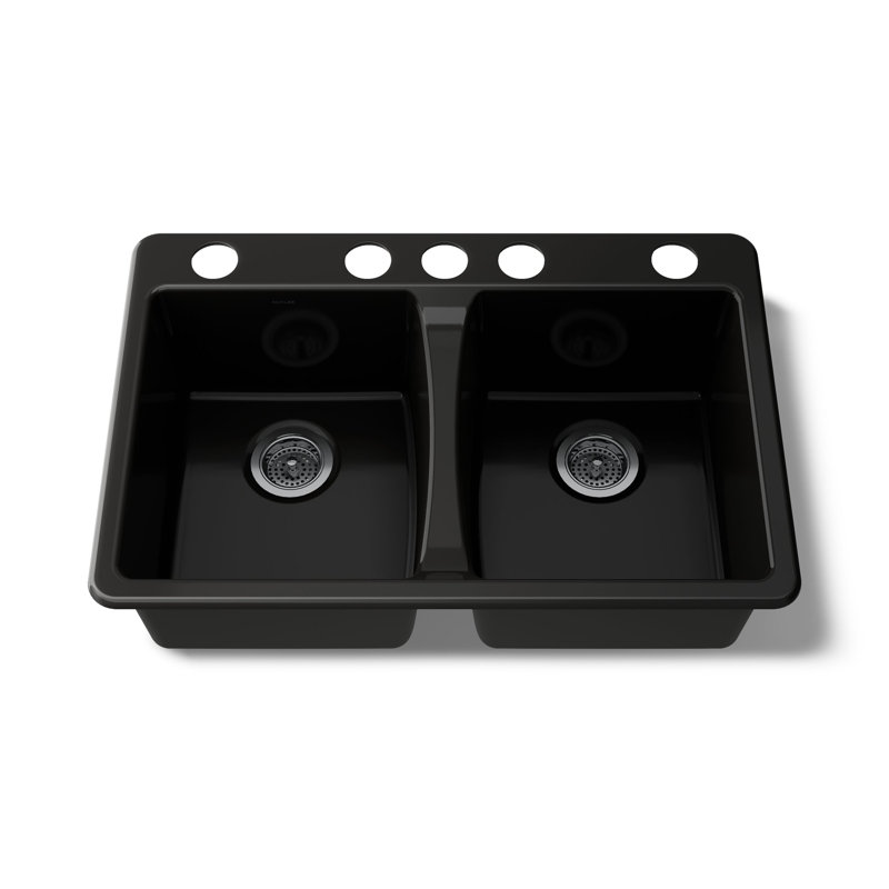 Deerfield 33" L x 22" W Double Basin Drop-In Kitchen Sink with Accessories, Black Black, 5 Hole