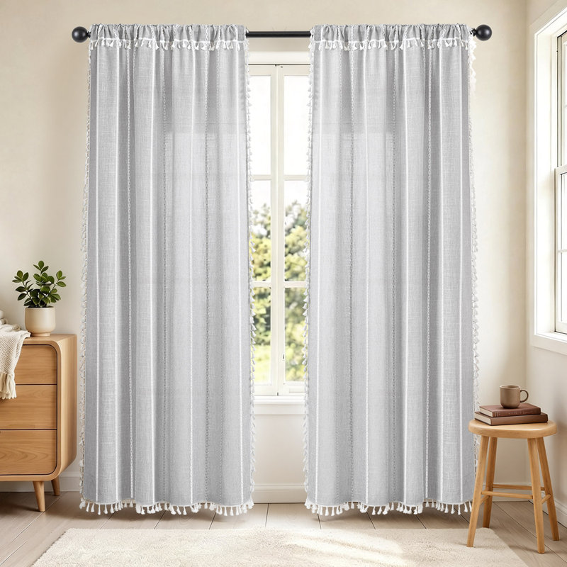 Rideaux filtrants décontractés à franges, L 52 po x L 108 po, Gris