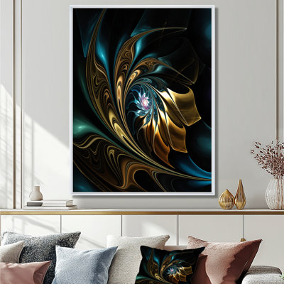 Fleur noire dorée moderne - art mural fleur fractale, impression avec fleur noire