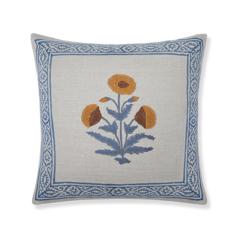 Mogul Buta Pillow Cover - Olive Border - 22" x 22", Blue Floral