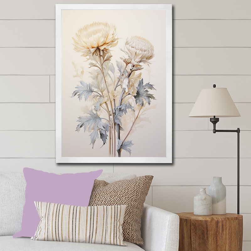 «Beige chardon», art mural sur toile Thistle, H 44 po x l 34 po, Cadre simple blanc