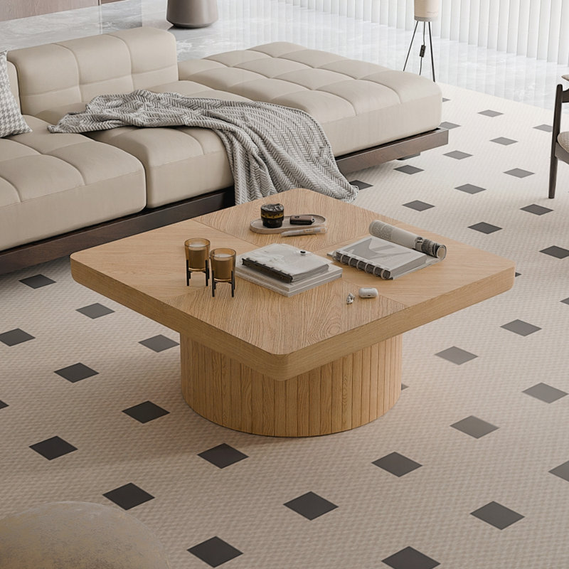 34.6" Square Coffee Table for Living Room, Natural Wood