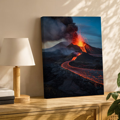 Canvas A Dramatic Volcanic Landscape At Twilight Showcasing A Towering Volcano Wall Art Erupting With Vibrant Orange And Red Lava Canvas Wall Art