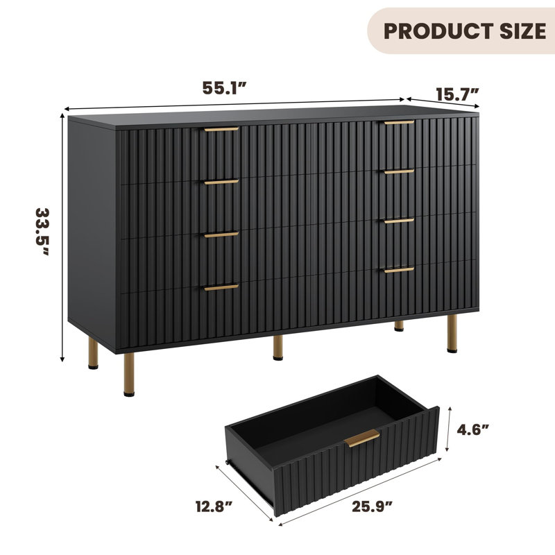 Commode de chambre Ã  coucher de 55 pouces Ã  8 tiroirs cannelÃ©s, tiroirs profonds, Black