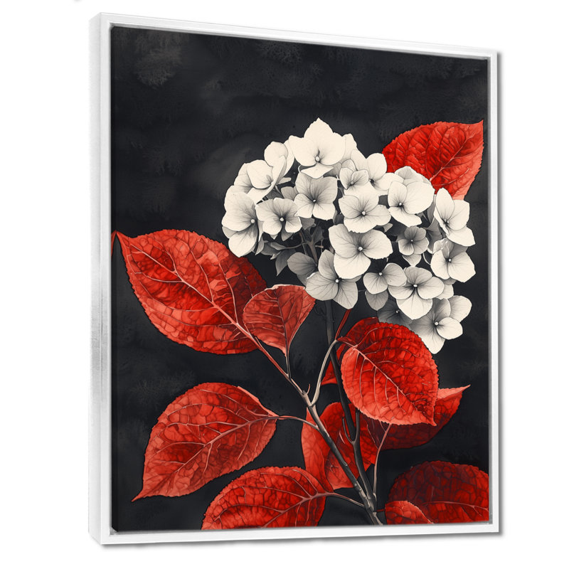 Hortensias monochromes avec feuilles rouges II - hydrangées grand art mural, H 32 po x l 16 po, Blanc