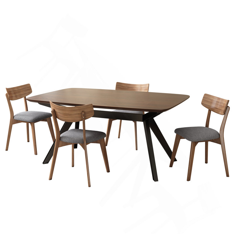 Ensemble de salle à manger rembourré 5 pièces avec structure en bois d'hévéa, gris + noyer + noir, 5 pièces: table, 4 chaises