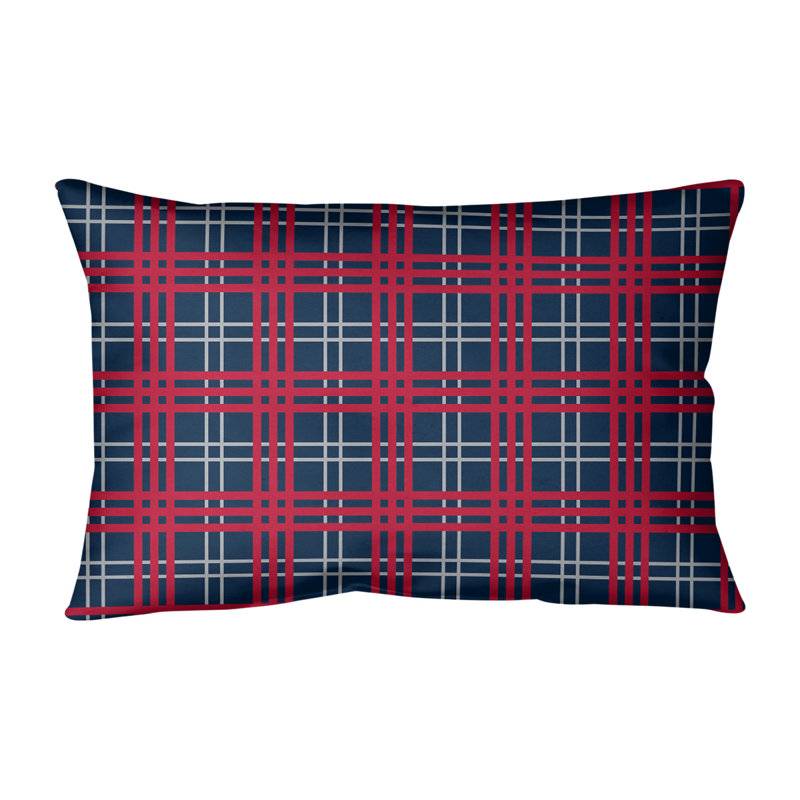 Plaid Leather/Suede Reversible Throw Pillow, Nautical Blue/New Century Silver/Red, Spun Polyester