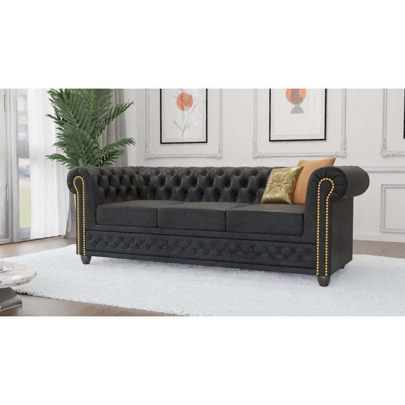 Chesterfield Friedrich 3 Seater Sofa Made of Vintage Look Microfibre with Solid Wood Legs, Anthracite