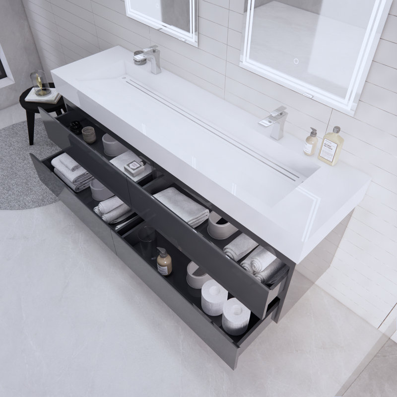 Babajide 72'' Double Bathroom Vanity with Acrylic Top, High Gloss Gray