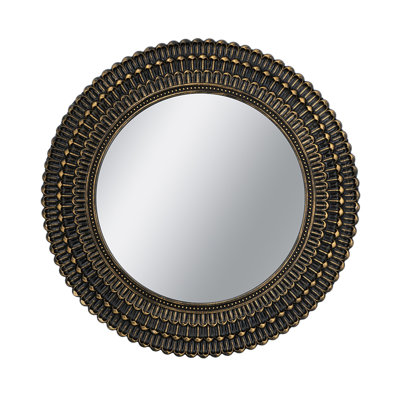D26.5" Round Black And Gold Wooden Accent Mirror With Woven Texture