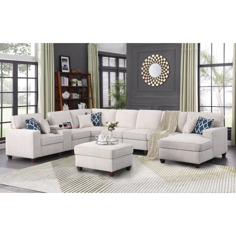 9 - Piece Upholstered Sectional, Beige Chenille