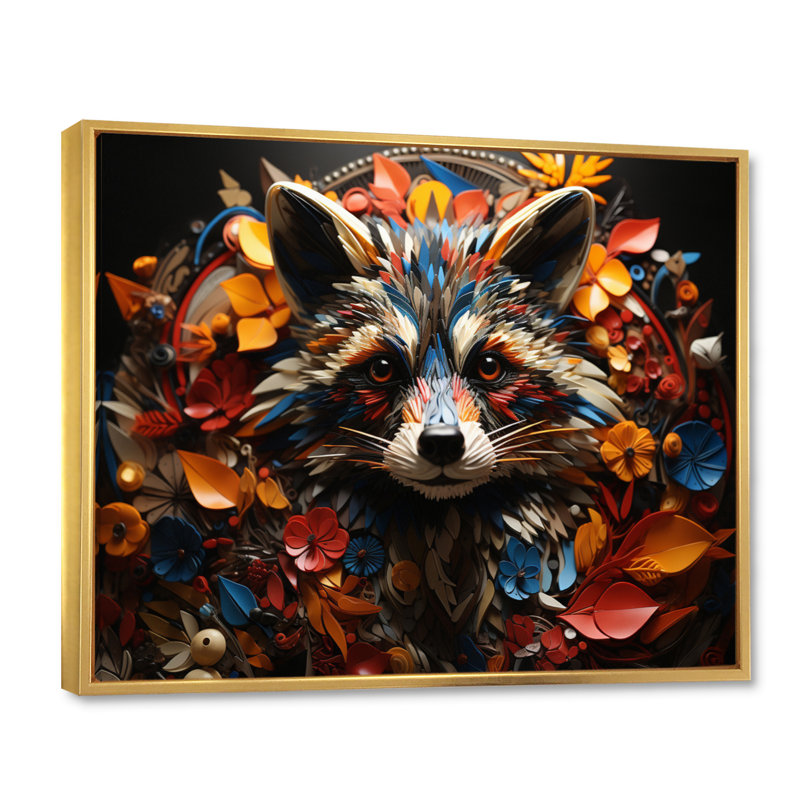 Curious Raccoon Collage III sur toile, H 30 po x l 40 po x P 1,5 po, Cadre flottant doré