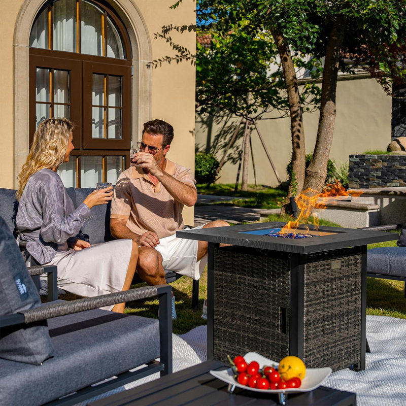 50000 BTU Metal Wicker Propane Fire Pit Table Outdoor Fireplace, Rain Cover, Removable Lid for Patio