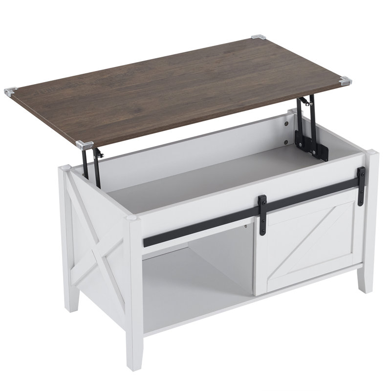 Table basse avec plateau relevable et rangement, Blanc, Bois brun foncé