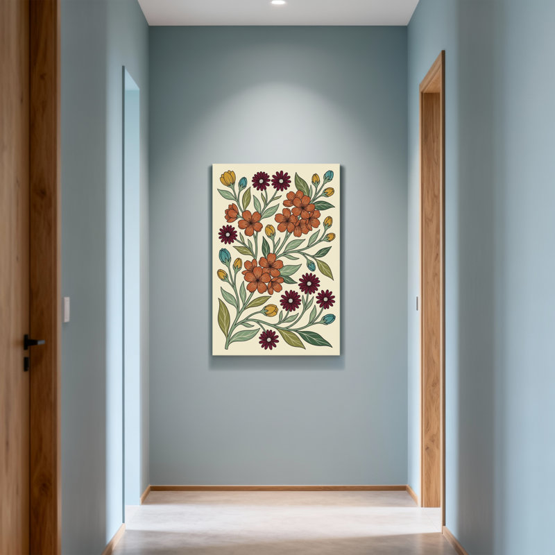 Motif floral de plantes et de fleurs avec des fleurs orange et mauves, H 48 po x l 32 po