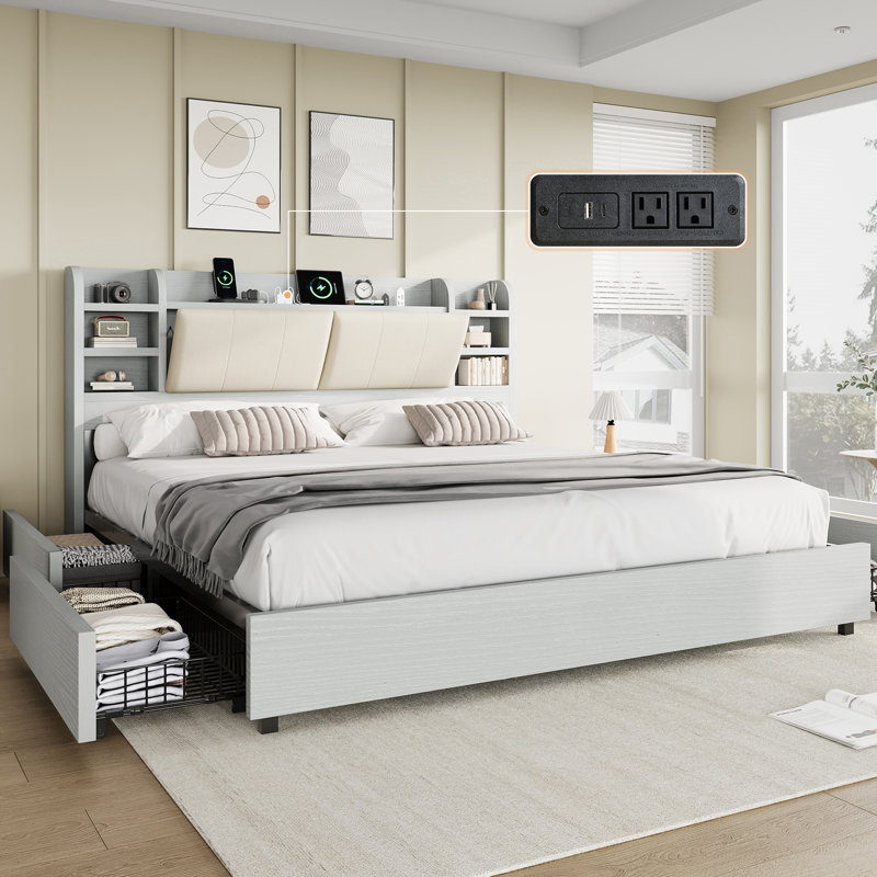 Billericay 47.2" King Size Bookcase Upholstered Bed Frame With 4 Storage Drawers,Gray, Gray