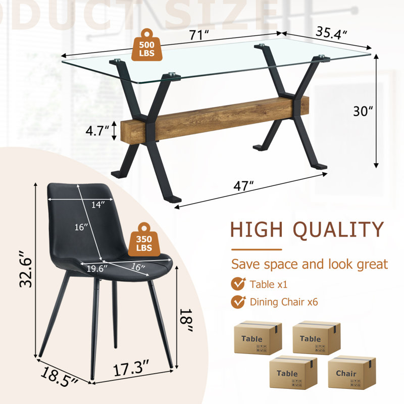 7-Piece Glass Top Dining Table Sets, Black