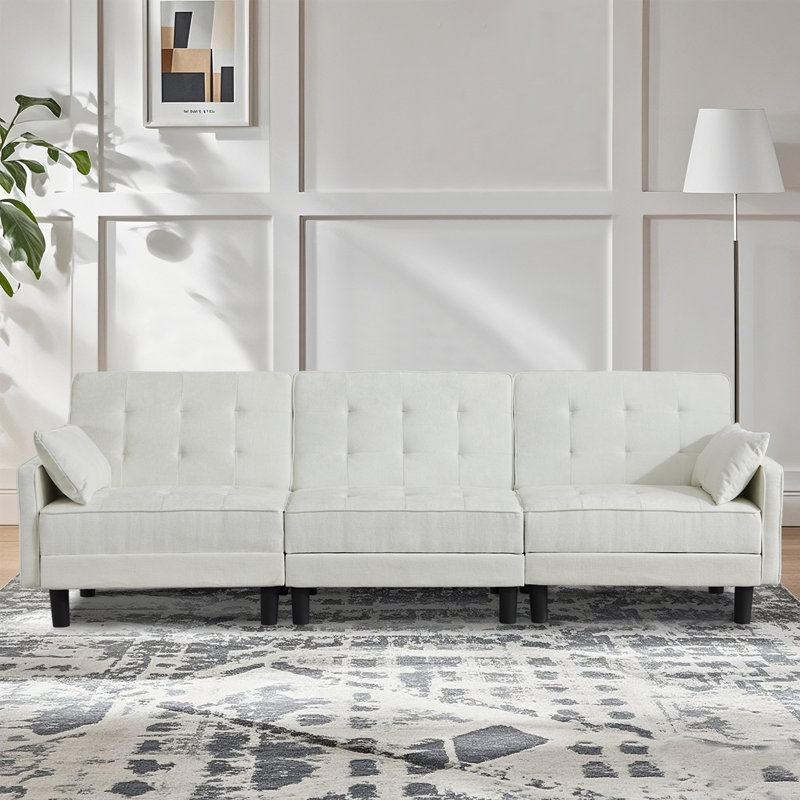 Canapé convertible capitonné en chenille de 104 po de large avec dossier réglable pour salon, Chenille blanche