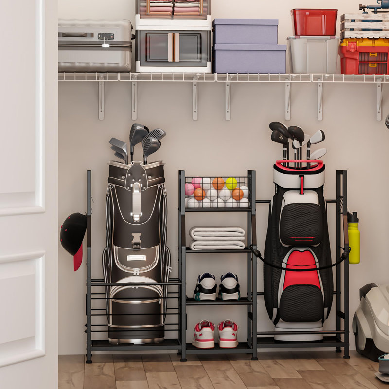 Support de sac de golf organisateur de rangement de golf pour le garage avec panier et crochets, support de rangement pour 2 sacs de golf, organisateur de cadeau de golf pour hommes