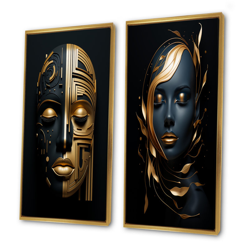 Ensemble de 2 décorations murales célestes en or et en noir, Cadre flottant doré, H 40 po x l 41 po