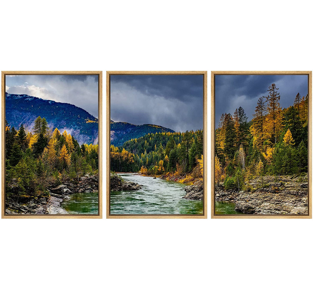 Autumn Fall " Autumn Fall Mountain Range Forest River Nature Wilderness " 3 - Pieces IDEA4WALL 