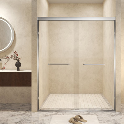 Tempered Glass With Explosion Proof Film, Aluminum Frame Double Sliding Shower Door, "1/4 (6 Mm), Stainless Steel Handle,Brushed Nickel