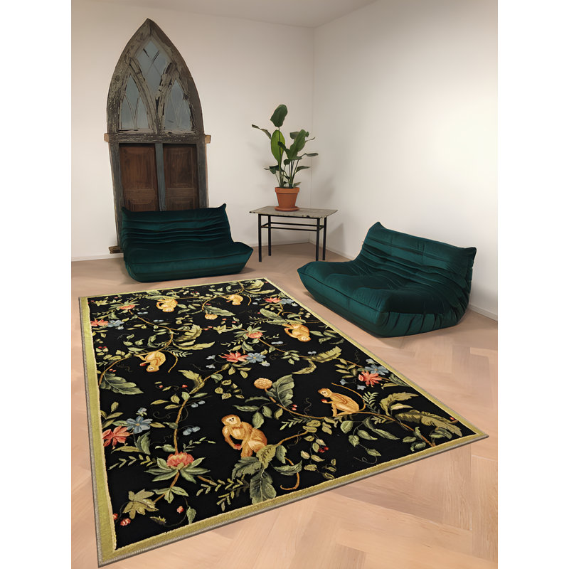 Tapis décoratif moderne multicolore à motif floral noir, Tapis de couloir 3 pi 3,37 po x 6 pi 6,74 po