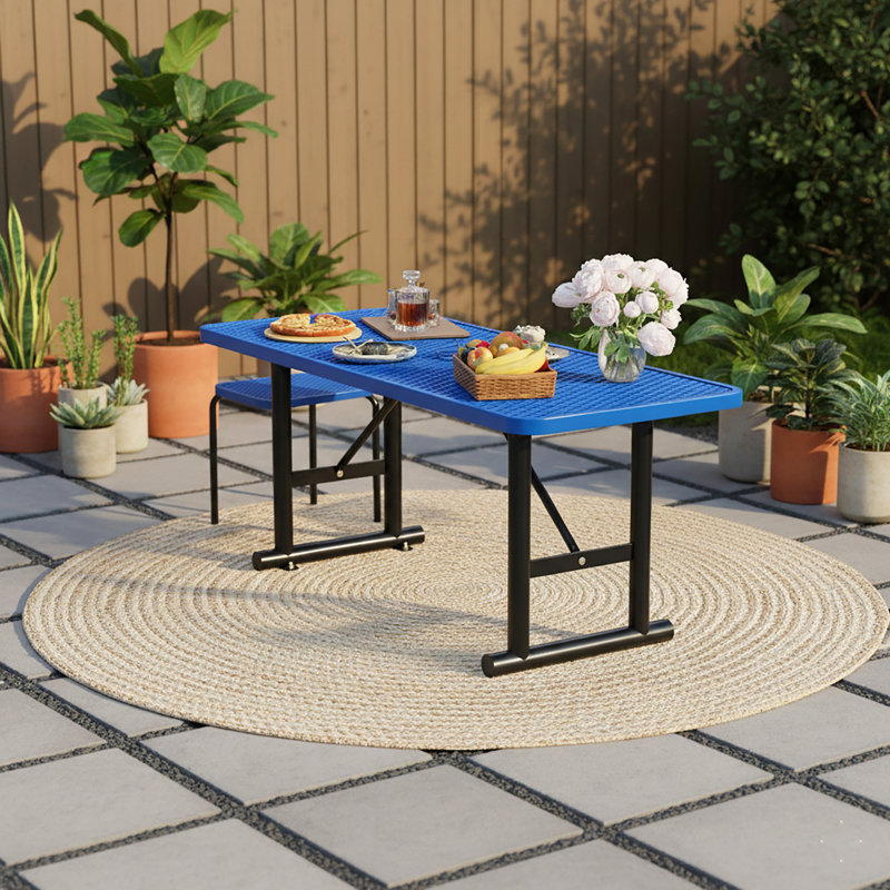 Table de pique-nique d'extérieur enduite de patio, table de salle à manger en métal robuste, 6 pi, Bleu